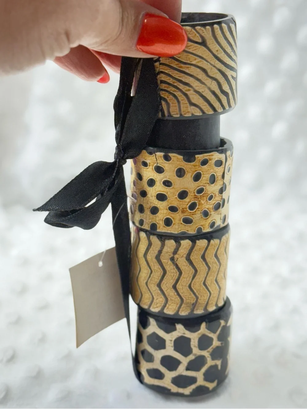 Vintage African Carved Pattern Napkin Rings Set